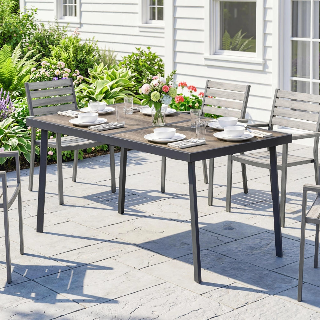Tavolo da Giardino Rettangolare per 6 Persone con Piano Effetto Legno, in Acciaio e PSPC, 145x85x72 cm, Grigio