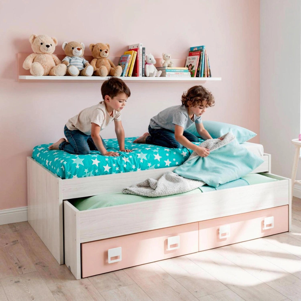 Letto Per Cameretta Con Letto Estraibile Due Cassetti E Mensola Contenitore Salvaspazio Per Bambini E Ragazzi Stile Moderno 65 x 199 x 96 Cm Bianco Alpi E Rosa