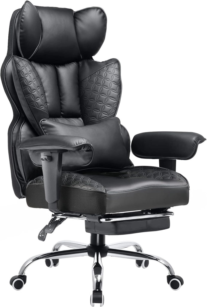 Sedia da ufficio grande e alta, sedia da gioco ergonomica larga 180 kg, con goffratura di lusso, pelle progettata con poggiapiedi, braccioli regolabili a 150°, tasca, molla