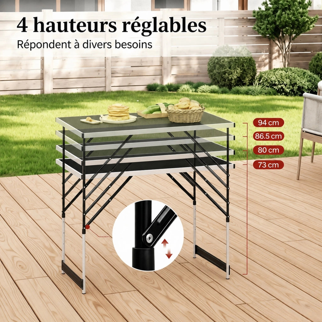 Tavolo da campeggio pieghevole regolabile in altezza in alluminio e MDF nero 73-94 × 100 × 60 cm