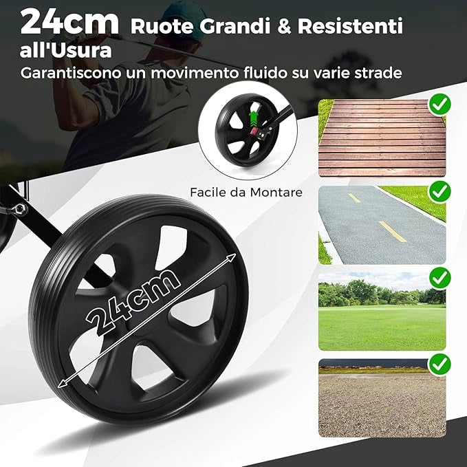 Carrello da Golf Pieghevole con 2 Ruote, Carrello da Golf in Ferro con Tabellone Segnapunti, 140 x 63,5 x 113 cm, Nero(Nero)
