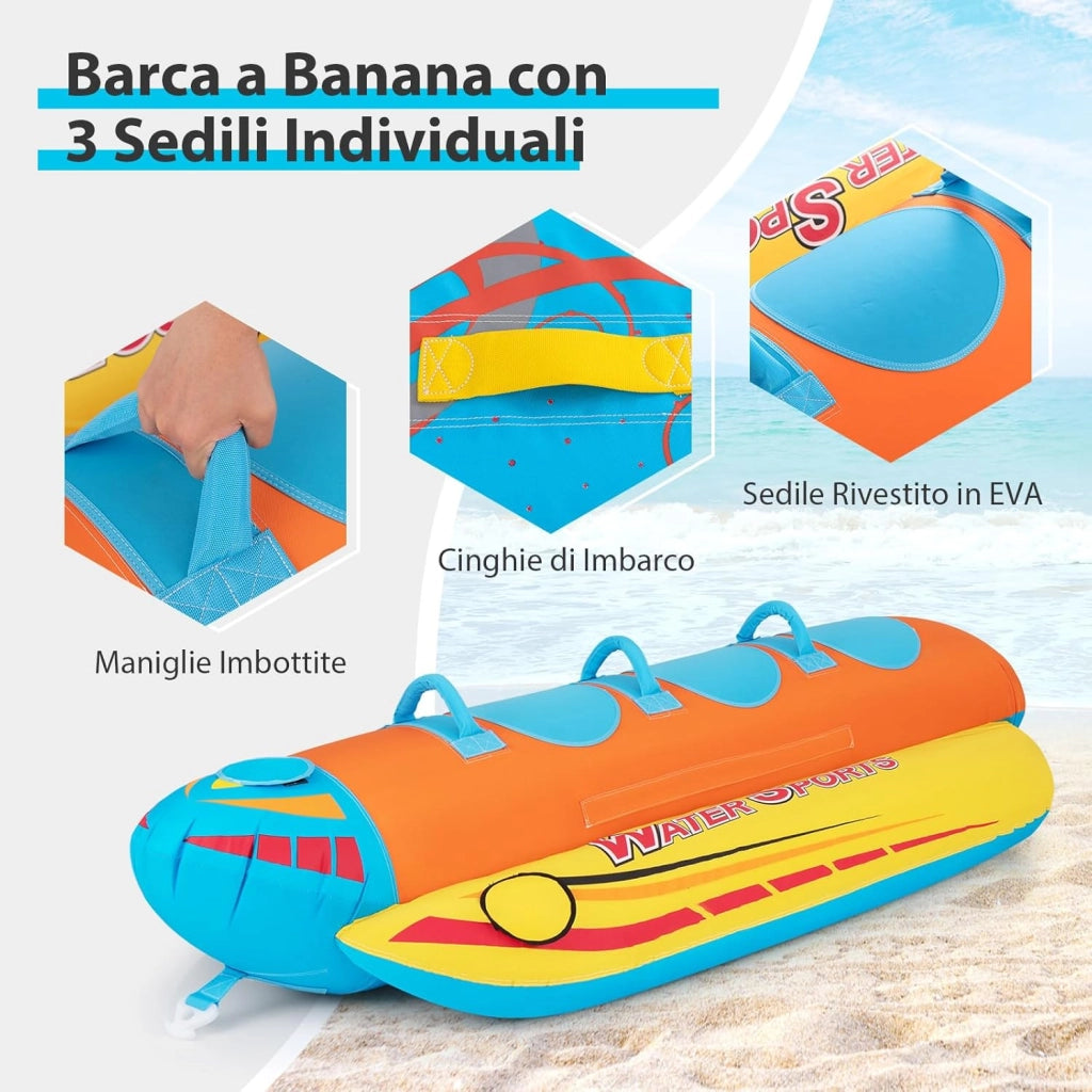 Gommone a Banana Gonfiabile per 3 Persone, Tubo Trainabile per Sport Acquatici e Nautici, Gommone a Banana da Recreazione Acquatica, Carico Massimo 231 kg