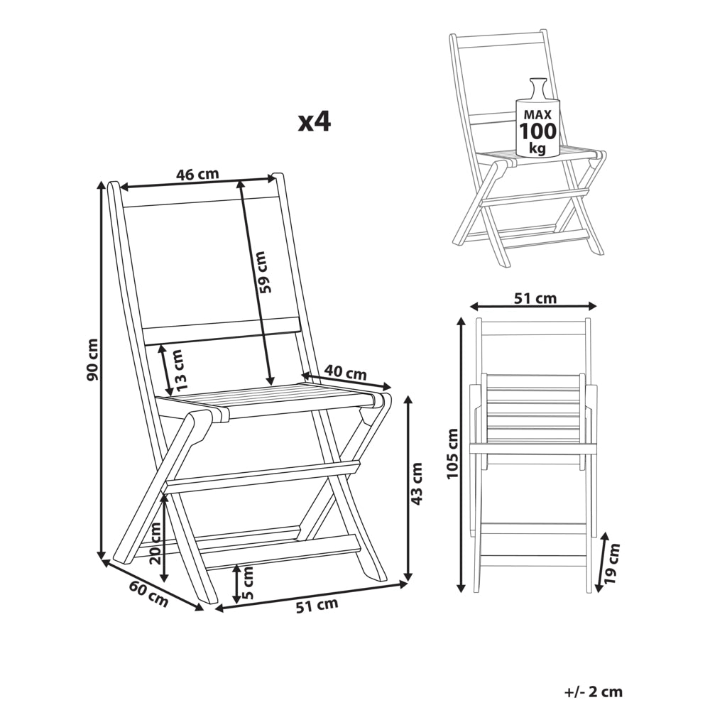 Set di 4 sedie da giardino per esterni in legno d'acacia chiaro pieghevoli stile rustico
