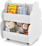 Libreria Montessoriana Doppio Lato per Bambini con Ruote, Scaffale Portaoggetti Multifunzione a 2 Livelli con Angoli Arrotondati, Libreria Bassa per Cameretta e Asilo, 52x47x63,5 cm, Bianco