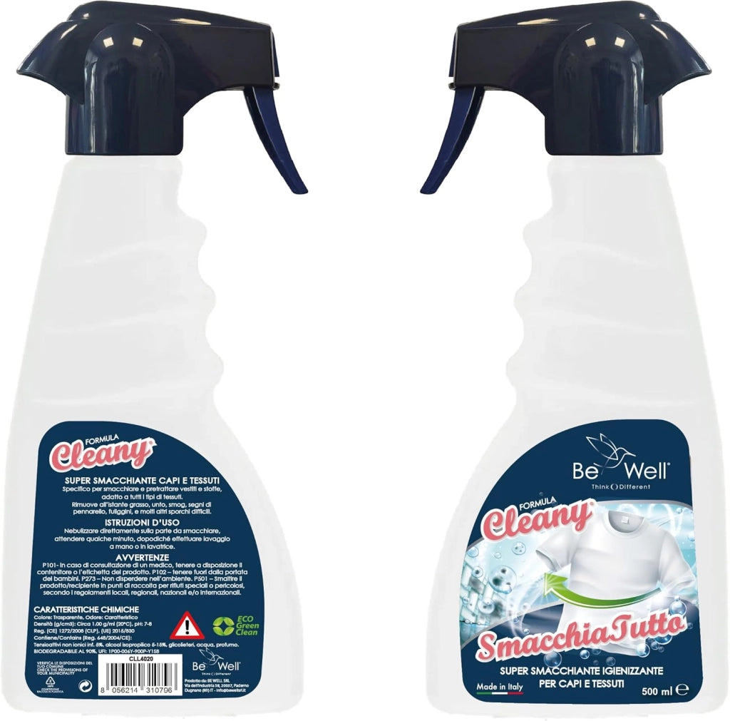 CLEANY Smacchiatutto Igienizzante Spray per Tessuti e Abbigliamento, Formula Super Smacchiante, 500ml, per Rimuovere Macchie di Grasso, Vino e Sudore