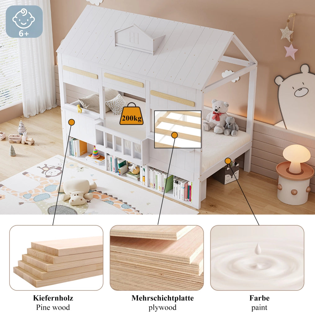 Letto a soppalco per bambini bianco con libreria 90x200 cm