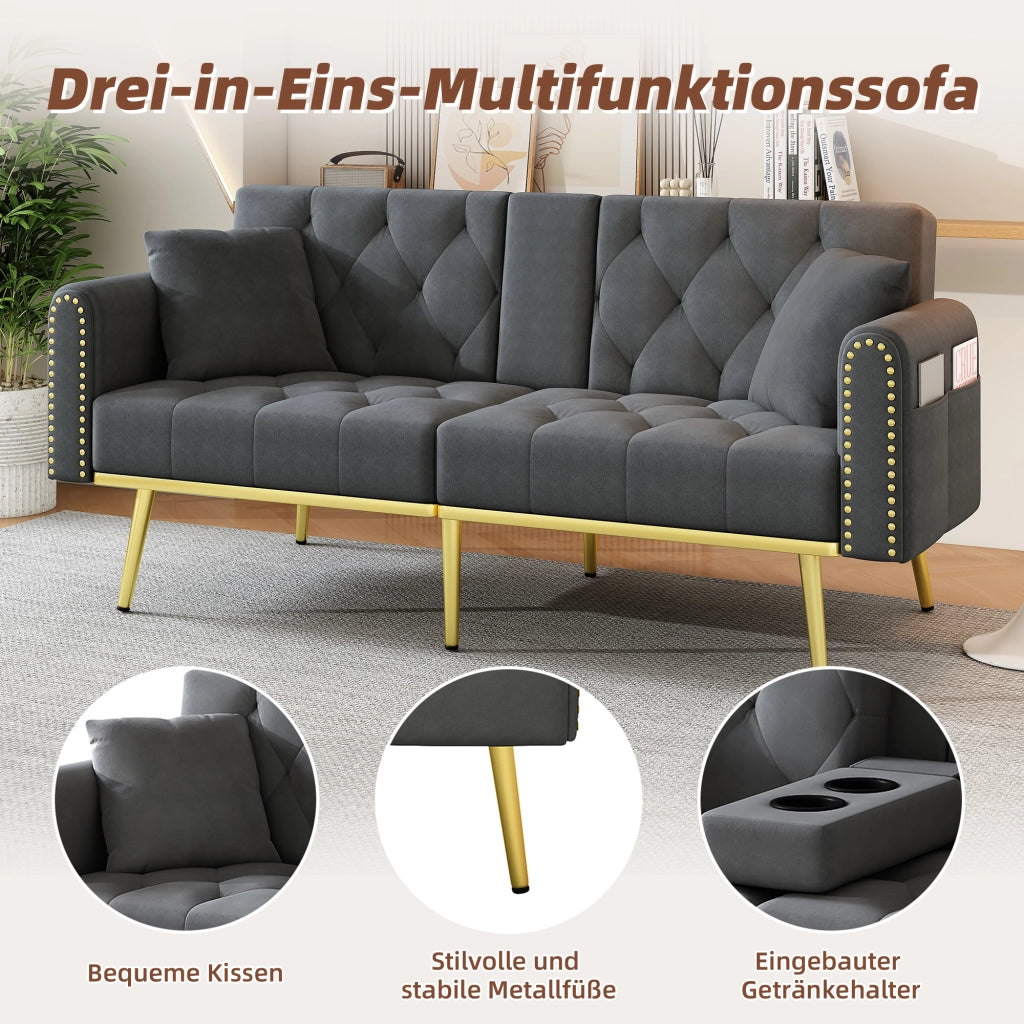 DIVANO LETTO multifunzione 175x80x73,5 cm velluto grigio con 2 cuscini