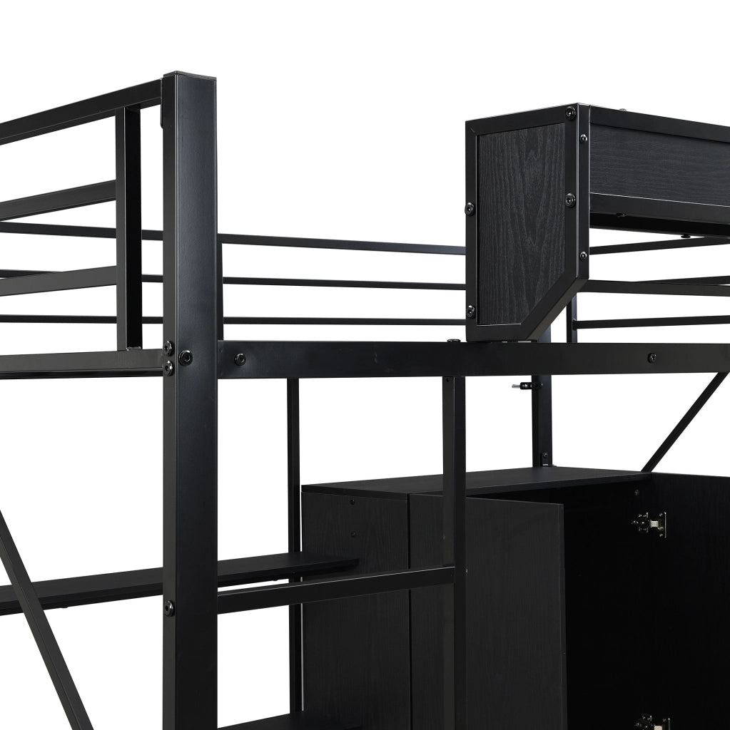 Letto a soppalco ULEVR 140x200 cm con scrivania, armadio integrato e ripiani, metallo e MDF nero