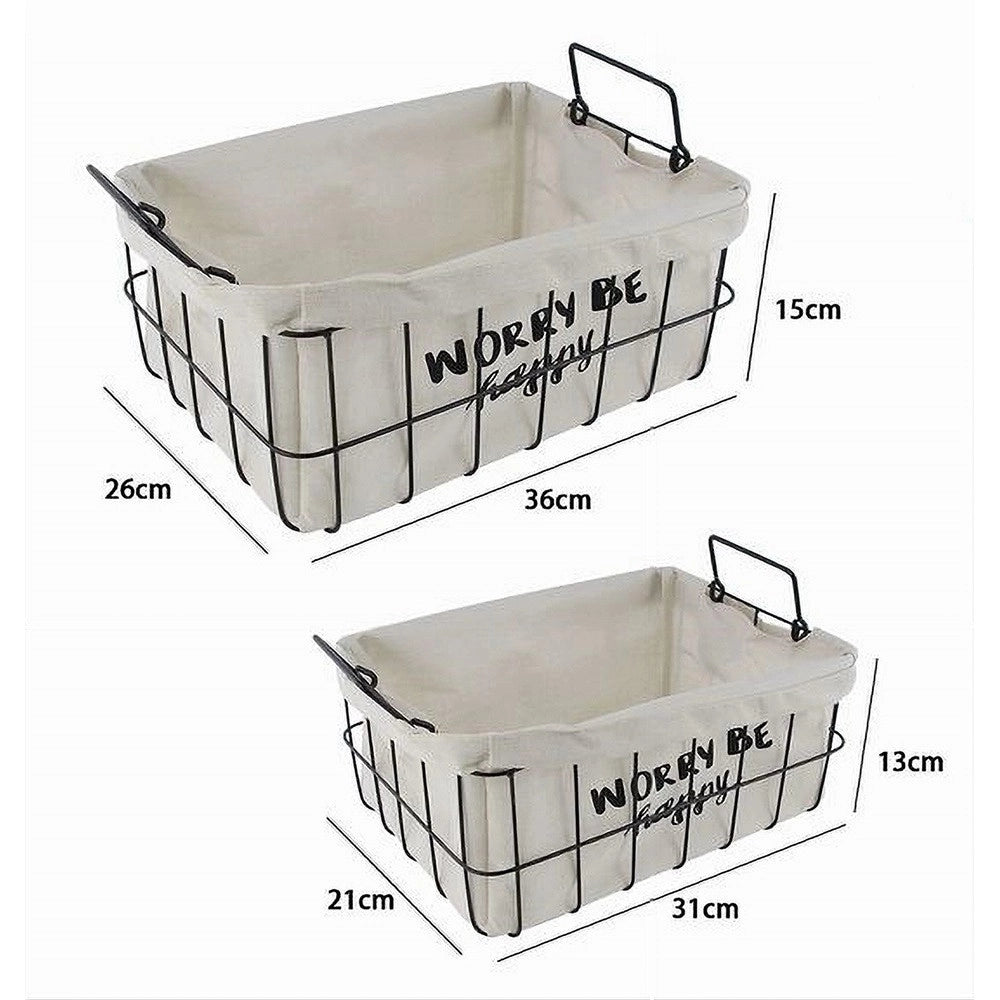 Trade Shop - Set 2 Pz Cestini In Metallo Con Rivestimento Tessuto Porta Oggetti Manici 10628 -