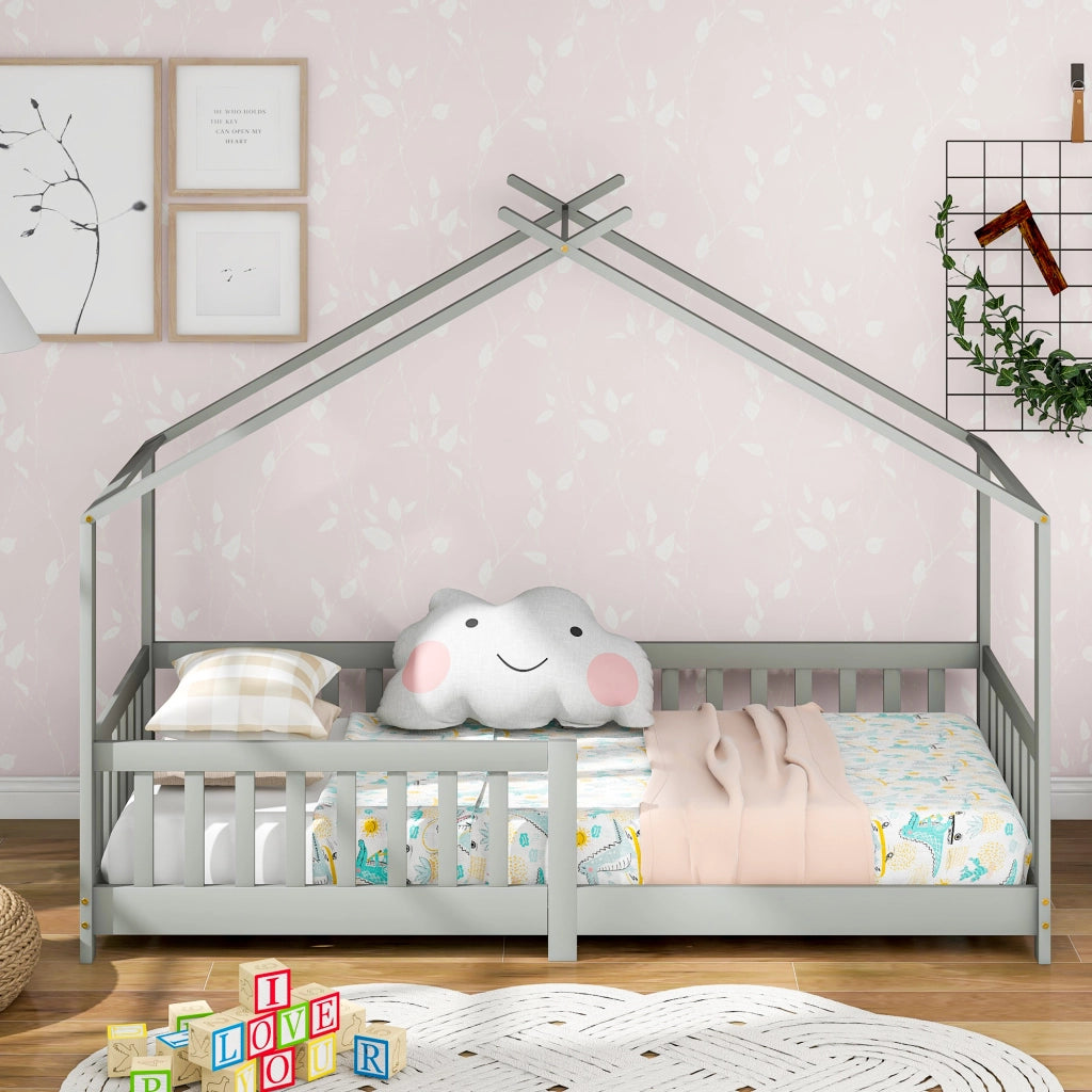Letto Casetta 90x200 cm - con Sponde di Sicurezza e Vano Sottoletto - in Legno - Grigio