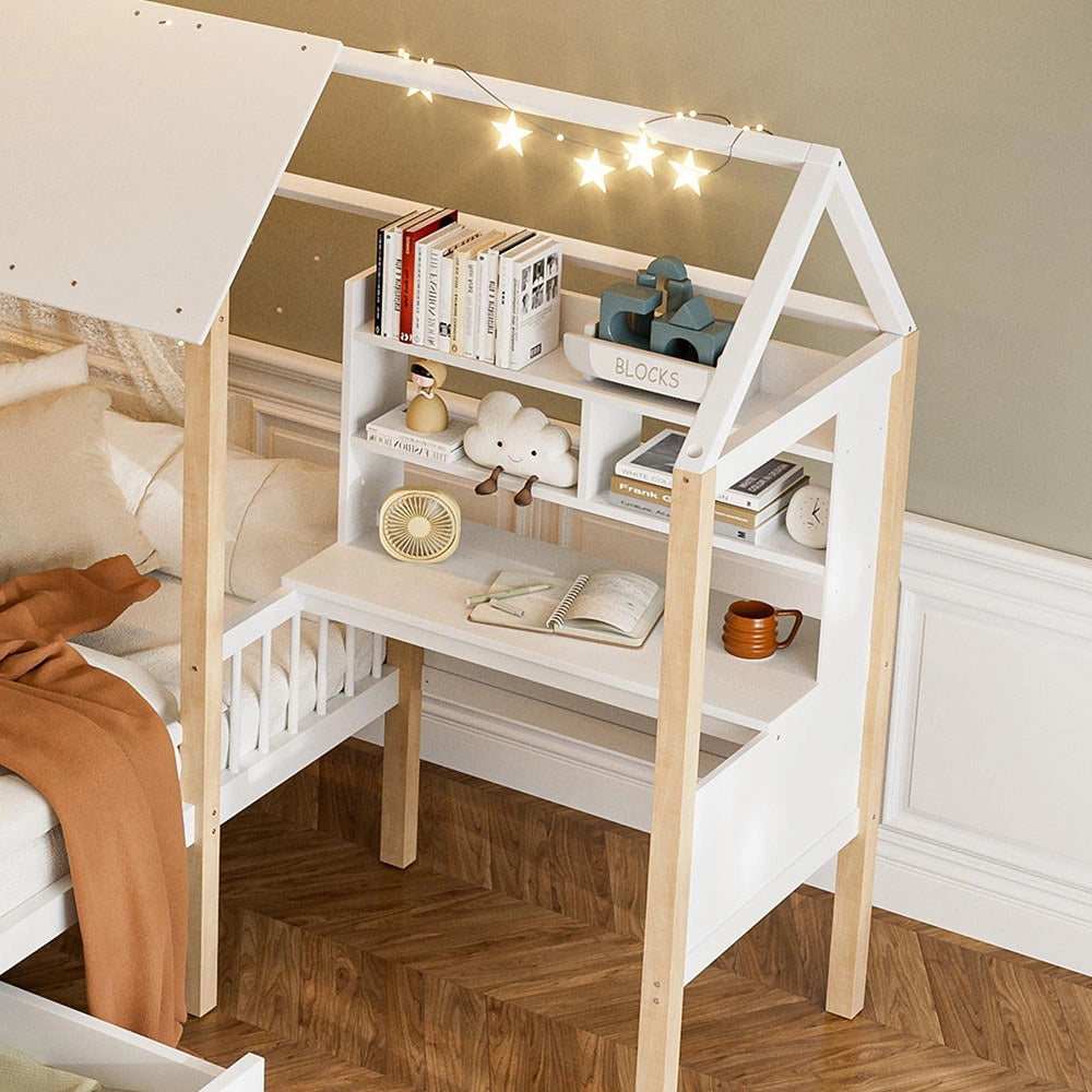 Letto bambino 90x200cm - Xylo - bianco, scrivania L, cassetti, sicuro