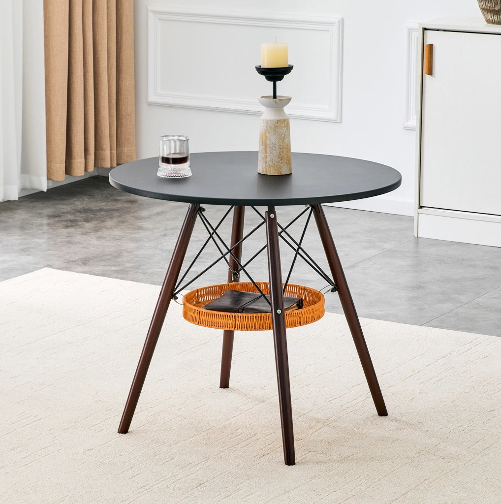 Tavolo rotondo 80 cm in MDF nero con gambe in legno massello effetto noce e cestino sospeso