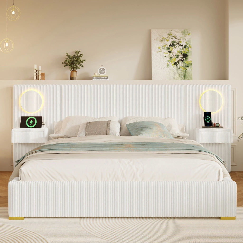 Letto Matrimoniale 180x200 cm con LED; USB e cassetti ai lati; in Velluto Beige
