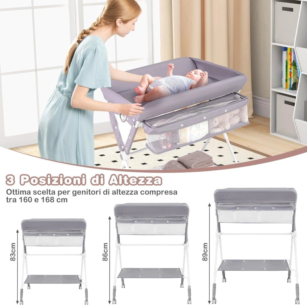 Fasciatoio Pieghevole per Bambini, Fasciatoio Portatile con Altezza Regolabile a 3 Livelli, Fasciatoio Neonato con Ruote di Bloccabili, Ripiano, Porta Asciugamani, per 0-12 Mesi (Grigio)