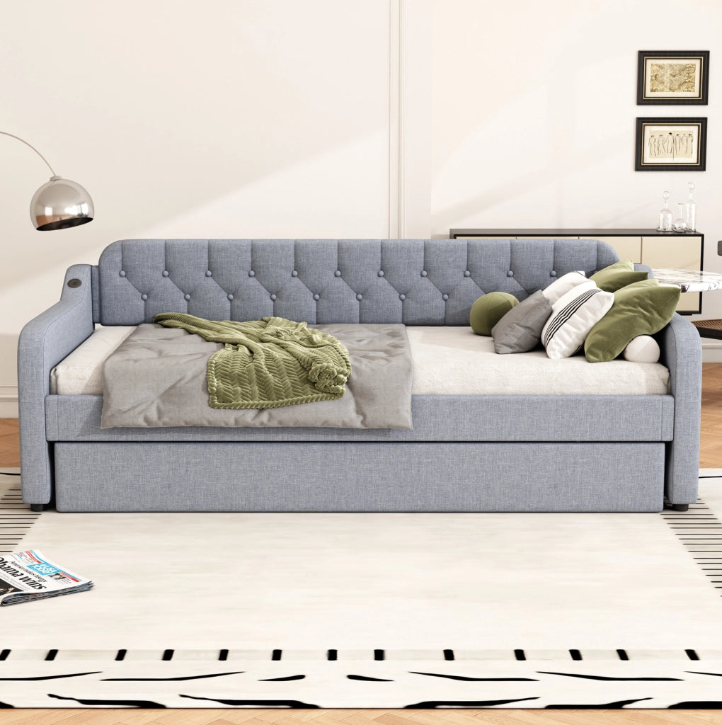 Divano letto estraibile 90x200 cm grigio con presa USB e rete a doghe