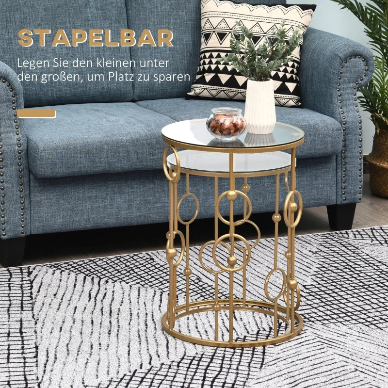 Tavolo da pranzo - set 2 tavolini - piano in vetro - design ruota e sfera - Ø41x57 cm - oro