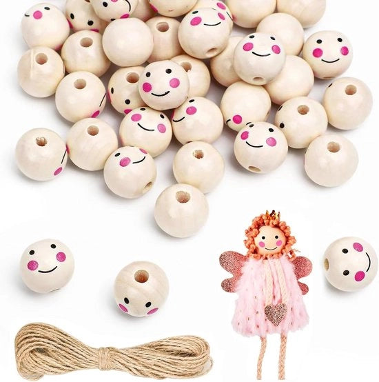 Set di 60 Corone di Legno con Faccia - Incluse Corone di Legno Ronde, Corone di Legno con Raccordo e Filo di Juta per Decorazioni DIY e Attività di Ricamo.
