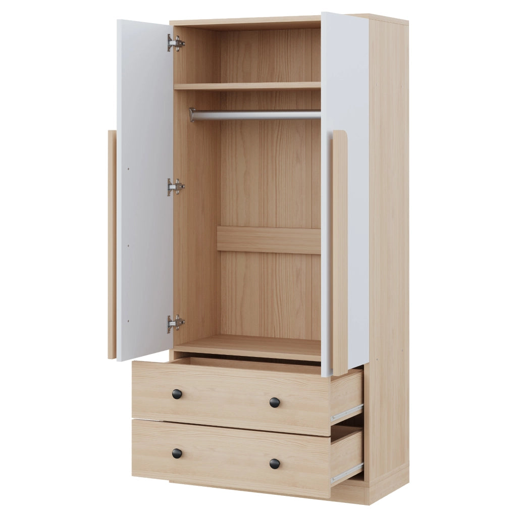 Armadio con 2 ante e 2 cassetti, 1 vano, per camera da letto e soggiorno, in legno, naturale e bianco, 70 × 40 × 170 cm