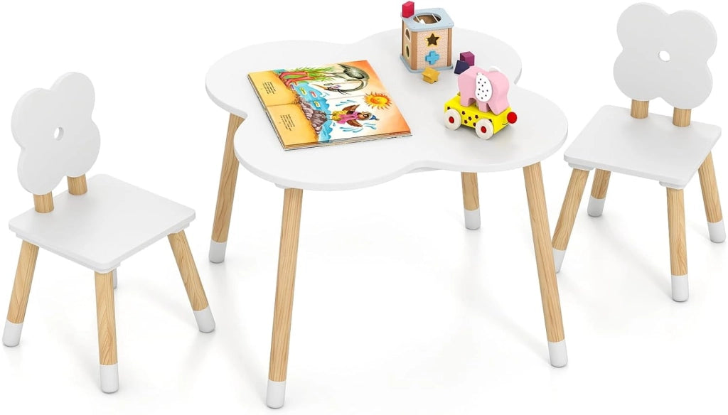 Set Tavolo per Bambini a Forma di Fiore, Tavolino e Sedia in Legno con 2 Sedie e Gambe in Legno di Pino Solido, Tavolino Bambini 3+ Anni per Disegno, Arte e Studio (Rosa)