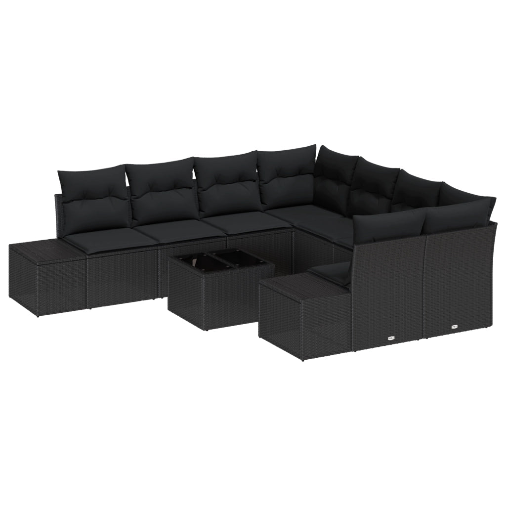 Set di divani da giardino 9 pezzi con cuscini in rattan poligonale nero