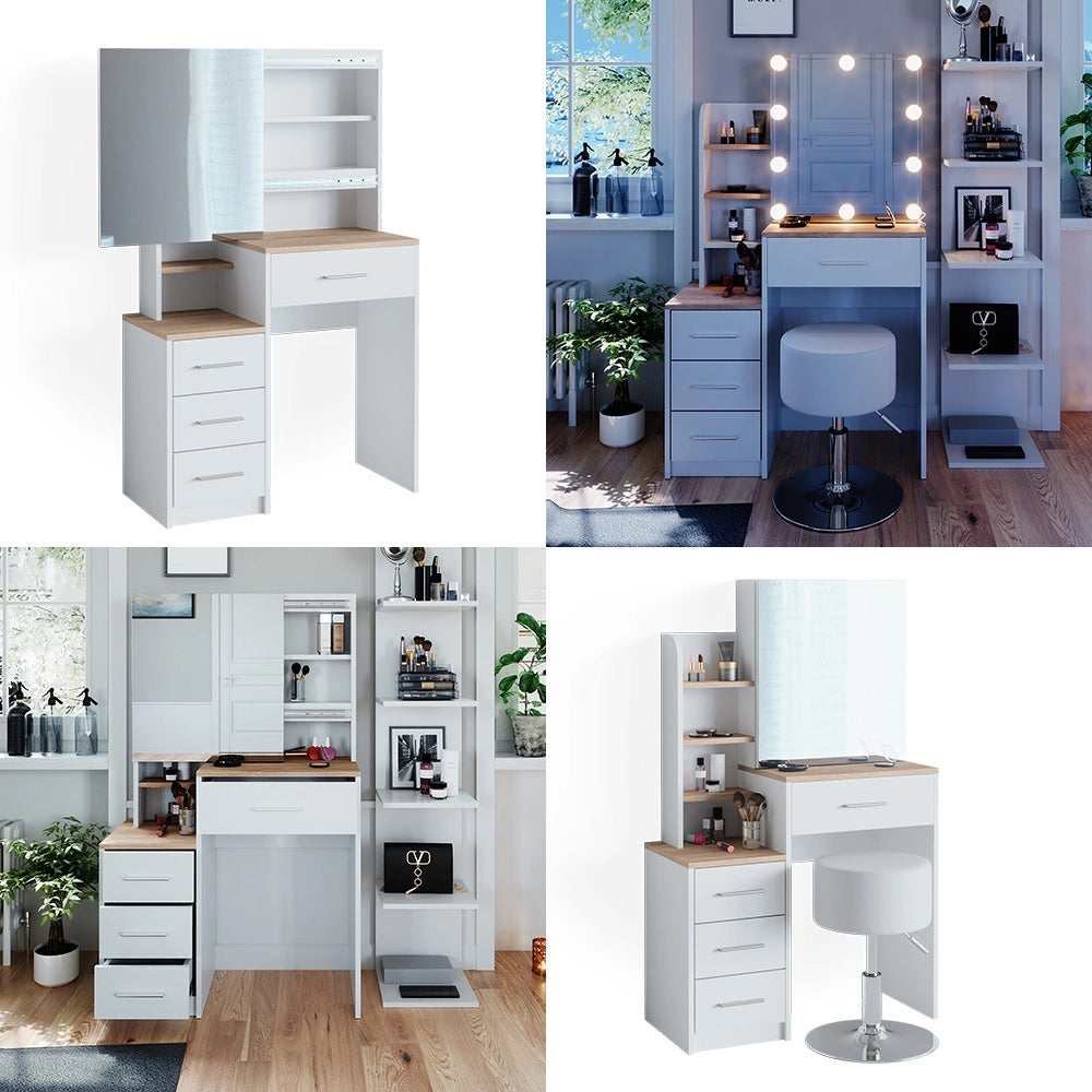Vicco Tavolo da toeletta Bianco/Sonoma 36 cm con illuminazione LED e sgabello
