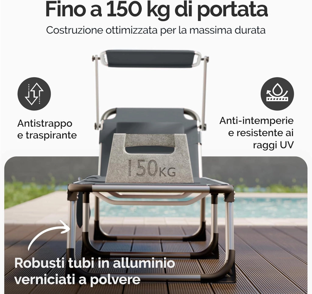 ® Lettino Prendisole con Tettuccio 210x60 Carico Max 150 kg con Cuscino Comfort Sdraio Spiaggia Giardino Sedia da Mare Lago