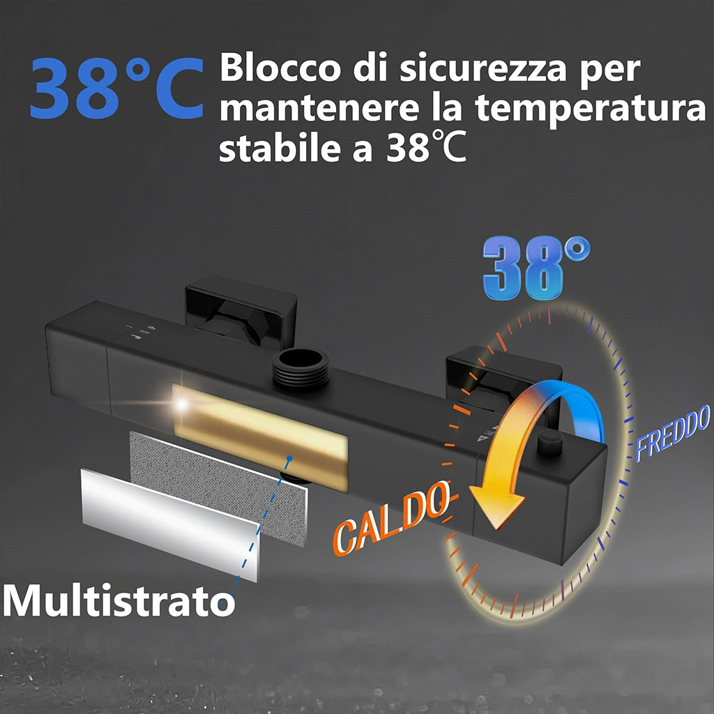 Miscelatore termostatico doccia con soffione 30x30cm e doccetta 25x10cm, colonna doccia cilindra nero
