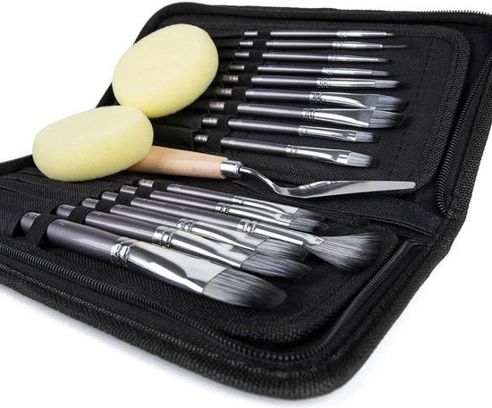 Set di pennelli artificiale da 15 pezzi per acrilico olio acqua - Include coltello, spugne e borsa da trasporto