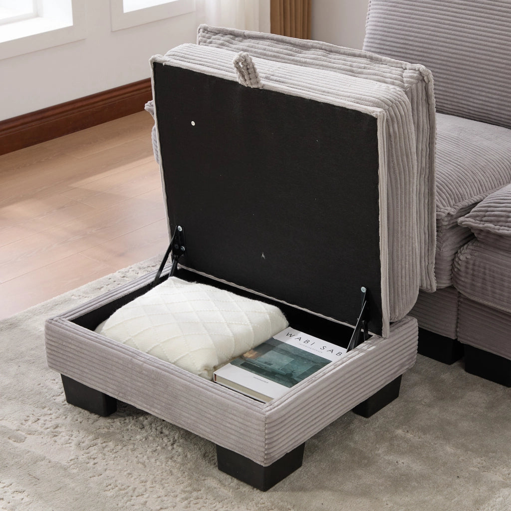 Divano 2 posti in velluto a coste con pouf contenitore; USB-C e tasche laterali; grigio chiaro