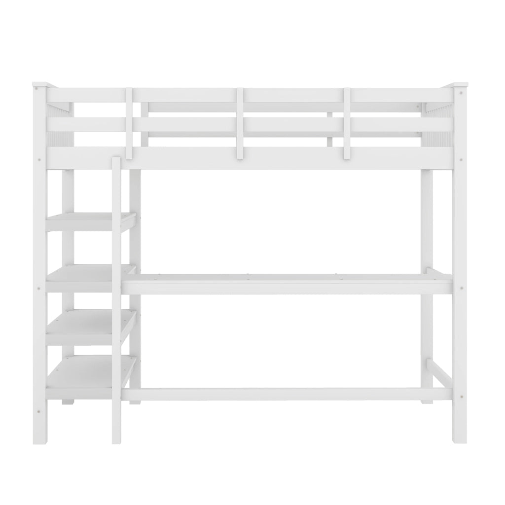 Letto a castello bianco in pino con scrivania sottostante e ripiani 90x200 cm