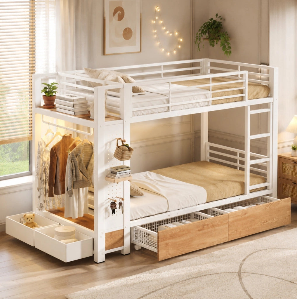 Letto a castello 90x200 cm in metallo e MDF con LED bianco