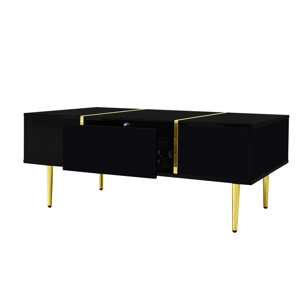 Tavolino da caffè moderno nero lucido con 2 cassetti; 100 x 60 x 41;5 cm; in MDF
