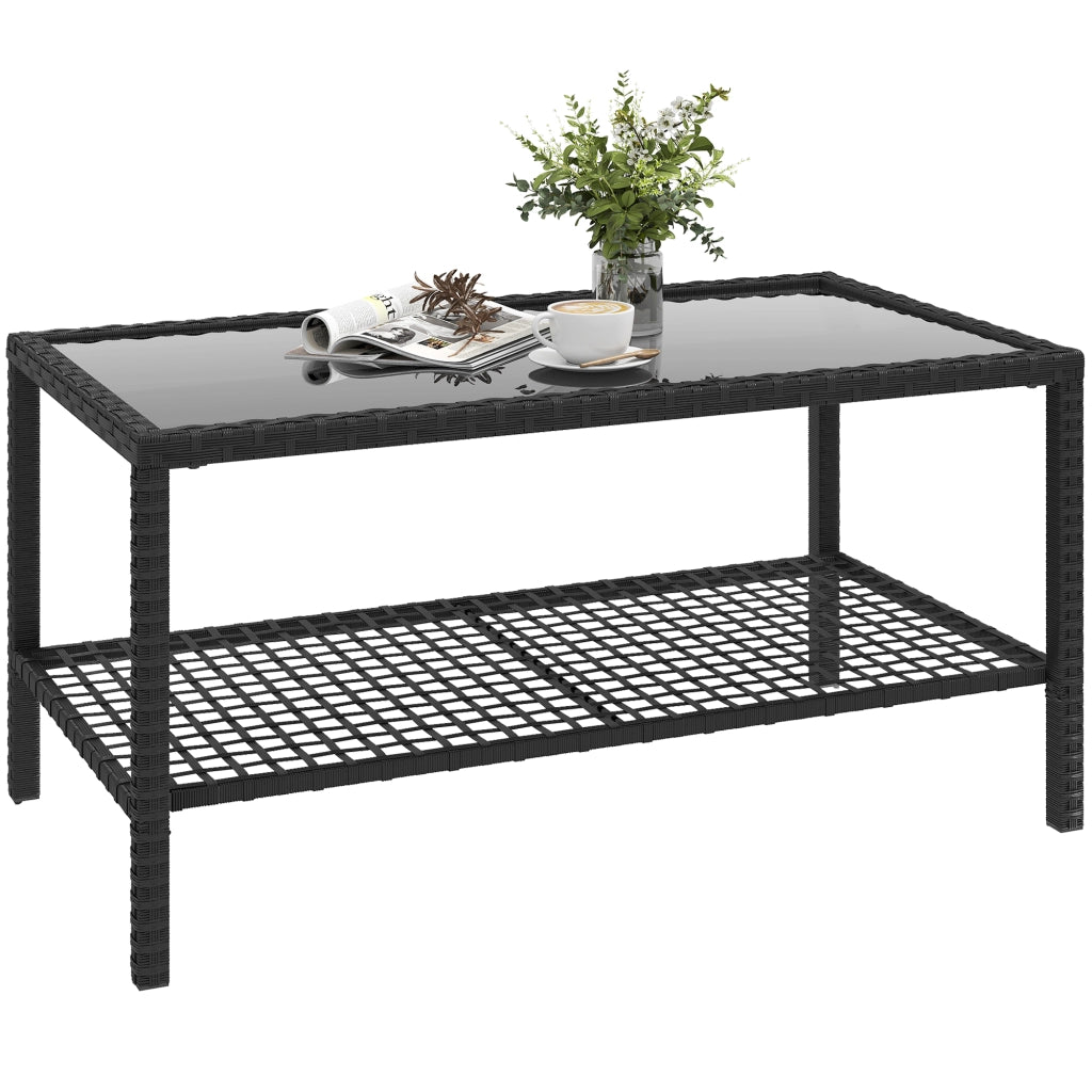 Tavolino da Caff¨¨ a 2 livelli con Piano in Vetro Temperato e Ripiano, in Acciaio e Rattan, 92x50x45 cm, Nero