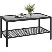 Tavolino da Caff¨¨ a 2 livelli con Piano in Vetro Temperato e Ripiano, in Acciaio e Rattan, 92x50x45 cm, Nero