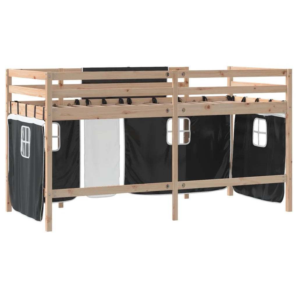 Letto a Soppalco Bambini | Letto Infantile | Lettino con Tende Bianco e Nero 90x190 cm Pino
