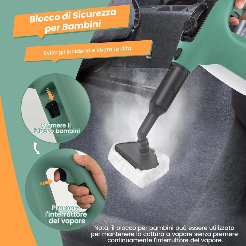 1500W Pulitore a Vapore Portatile, Macchina a Vapore con Serbatoio d'Acqua da 400 ml Blocco per Bambini e Kit di Accessori da 14 Pezzi, 33x13x24,5 cm (Verde)