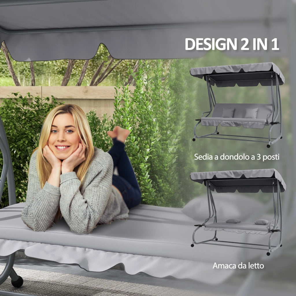 Dondolo Letto da Giardino 200x120x164 cm in Acciaio e Poliestere Grigio