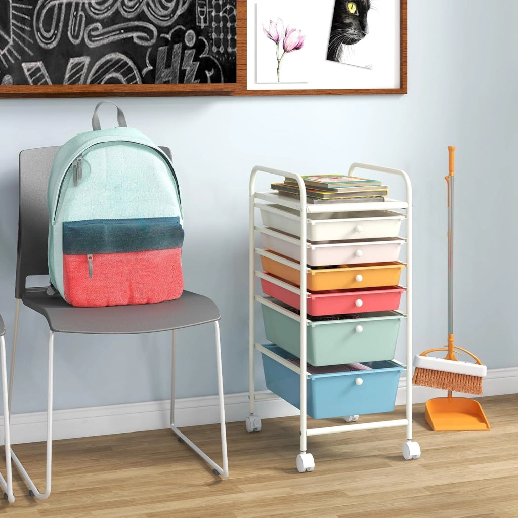 Carrello con 6 Cassetti e Ruote, Cassettiera in Plastica, con Due Dimensioni di Cassetti, Contenitore Multiuso per Casa Bagno e Ufficio, 37 x 74 x 32cm (Morandi)