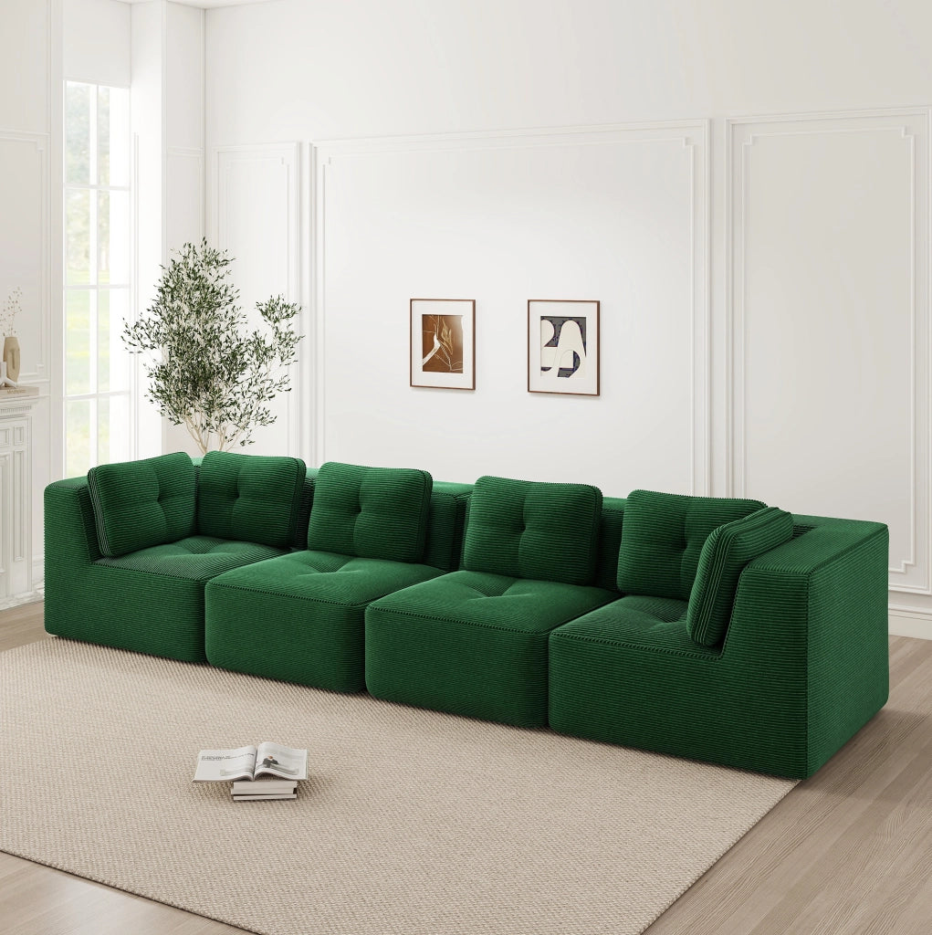 Divano angolare modulare in velluto a coste; 386x104x69 cm; verde
