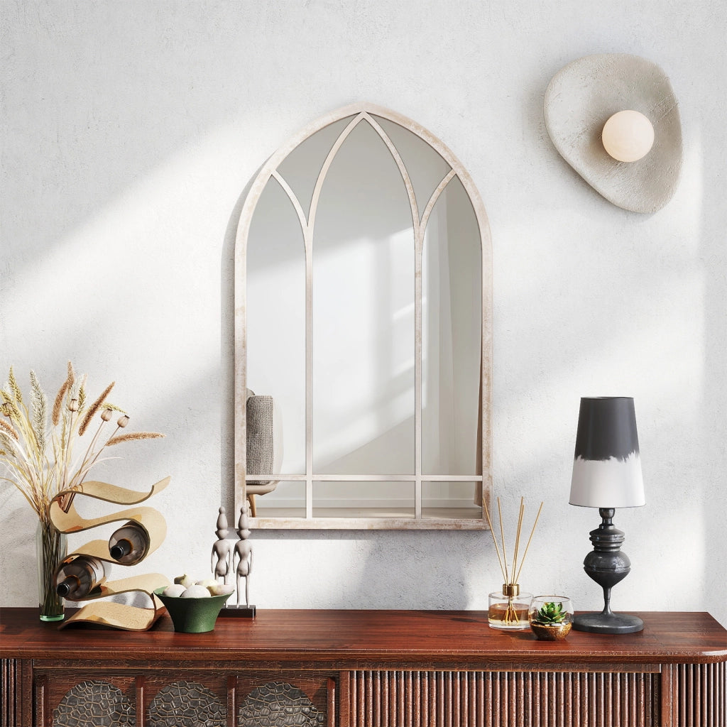 Specchio a finestra in stile rustico con cornice metallica e antideflagrante, Specchio decorativo ad arco per soggiorno ingresso camino giardino 83 x 48 x 2 cm