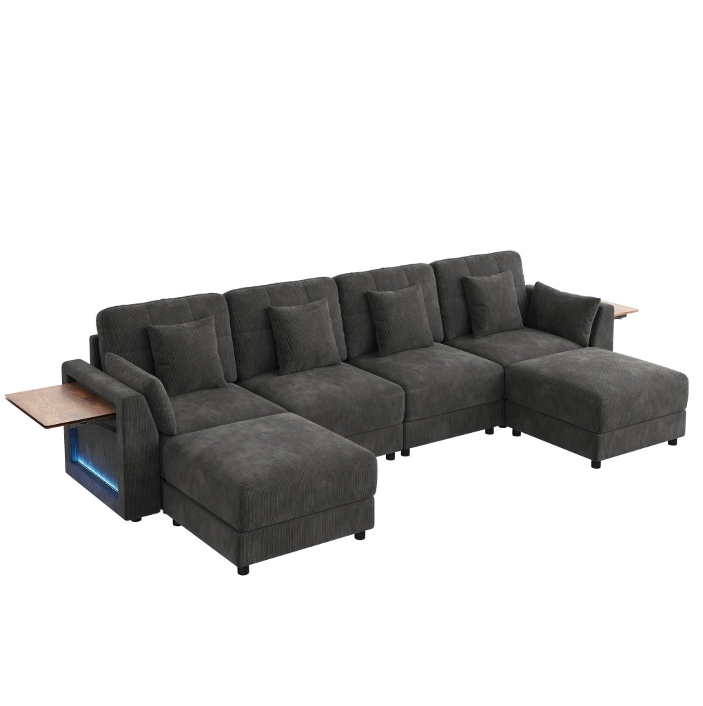 Divano modulare 4 posti con 2 pouf, LED e tavolini grigio
