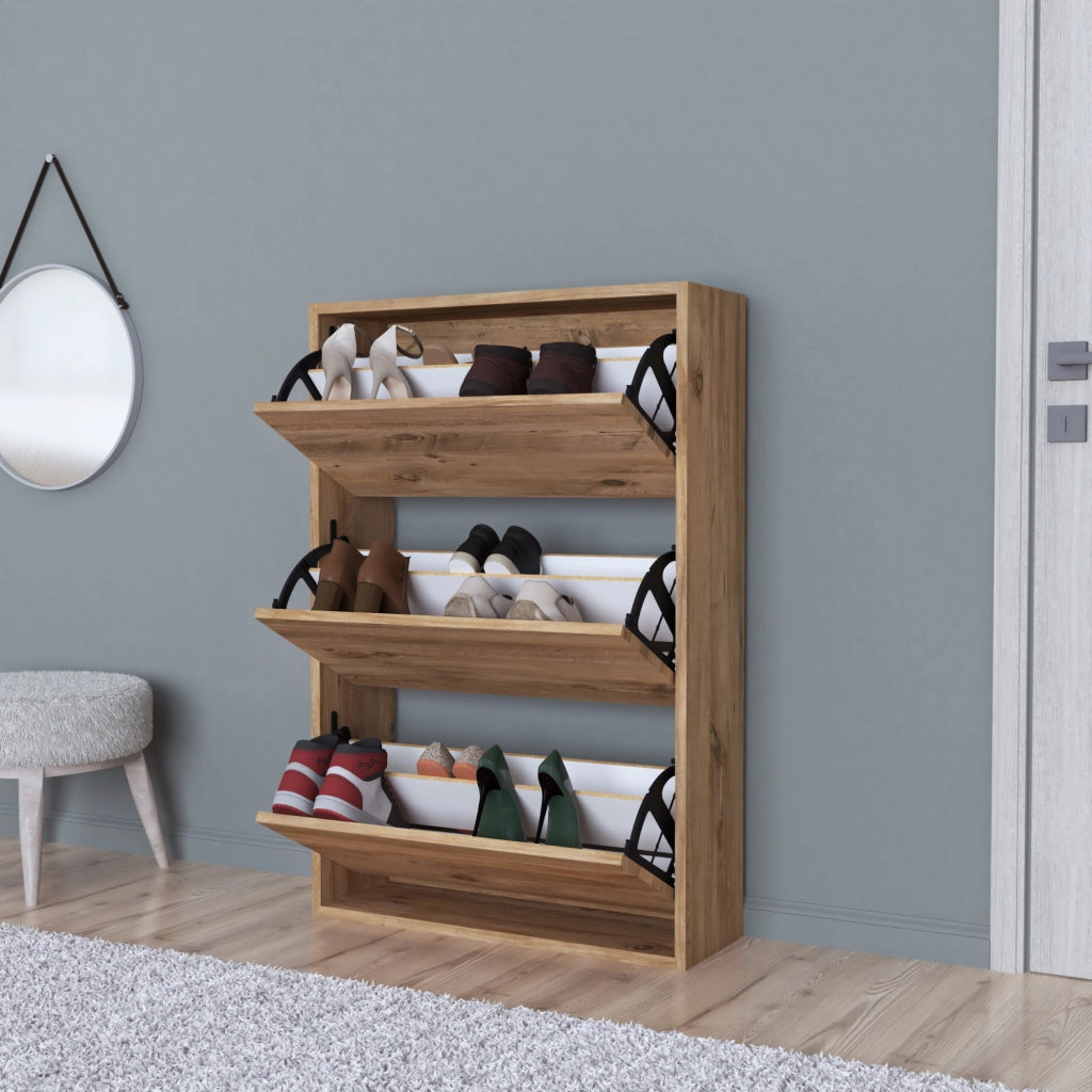 Scarpiera Salvaspazio Slim con 3 Contenitori Ribaltabili Portascarpe Stretto da Ingresso Capienza 18 Paia 110 x 73,5 x 24 cm - Effetto Rovere [en.casa]