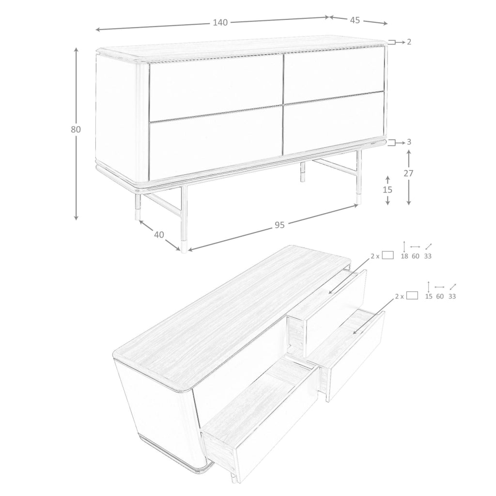 Cassettiera in legno grigio scuro opaco, acciaio nero e piano in noce