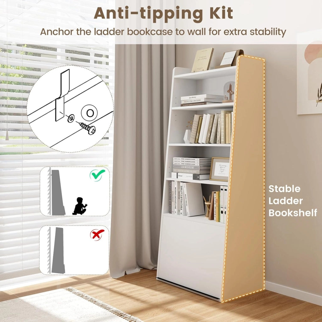 Libreria a 6 livelli, libreria autoportante a scala con 2 ripiani regolabili e porta ribaltabile, espositore multifunzionale con kit anti-ribaltamento, per soggiorno, camera da letto, casa,