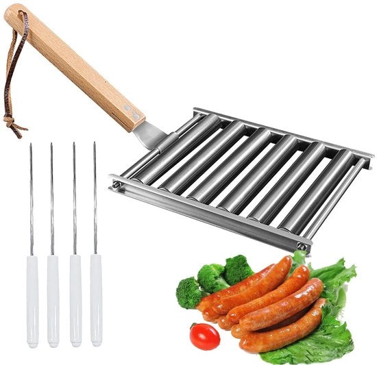 Accessori per BBQ - Griglia a 5 ruote in acciaio inossidabile - Dimensioni: 18 x 24,2 cm - Progettazione rimovibile - Manico in legno - Ideale per grigliare hot dog
