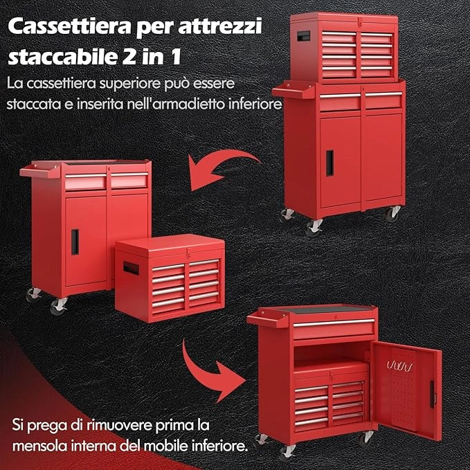 Cassettiera Portautensili a 4 Cassetti, Carrello per Attrezzi con Ruote Bloccabili Ripiano Regolabile e Rivestimento Antiscivolo, 59 x 28 x 102 cm (Rosso)
