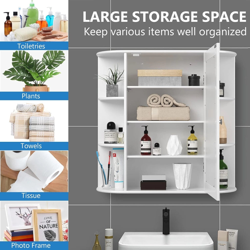 Armadietto Bagno a Parete, Mobiletto Pensile con Ante di Specchio, 6 Scomparti Laterali e 4 Ripiani di Stoccaggio, 3 Colori Disponibili, 66x16,5x63cm (Bianco)