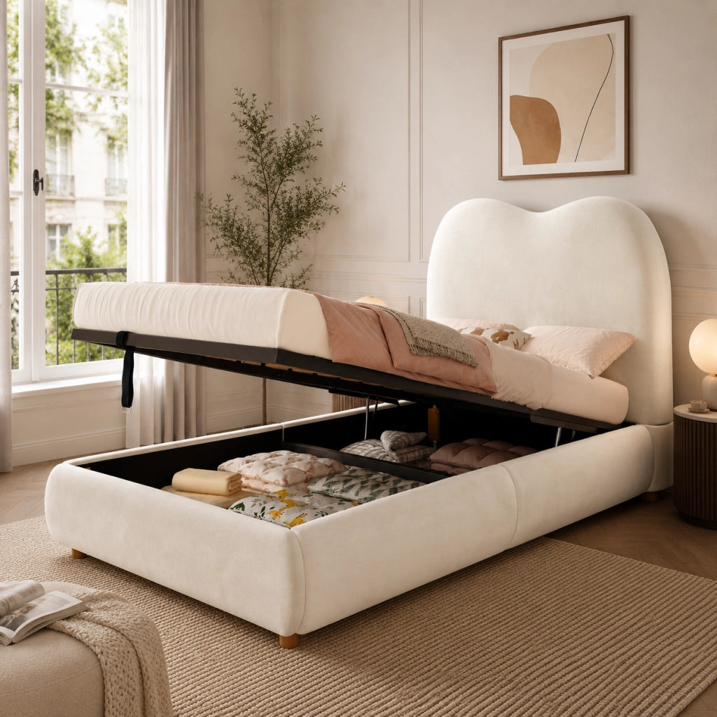 Letto imbottito per bambini 90 x 200 cm con contenitore, rete a doghe, testiera imbottita e rivestimento in velluto beige