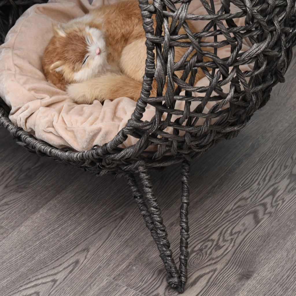 Casetta per Gatti in Rattan con Cuscini Grigio Argento ?52x58 cm ¨C zephmum