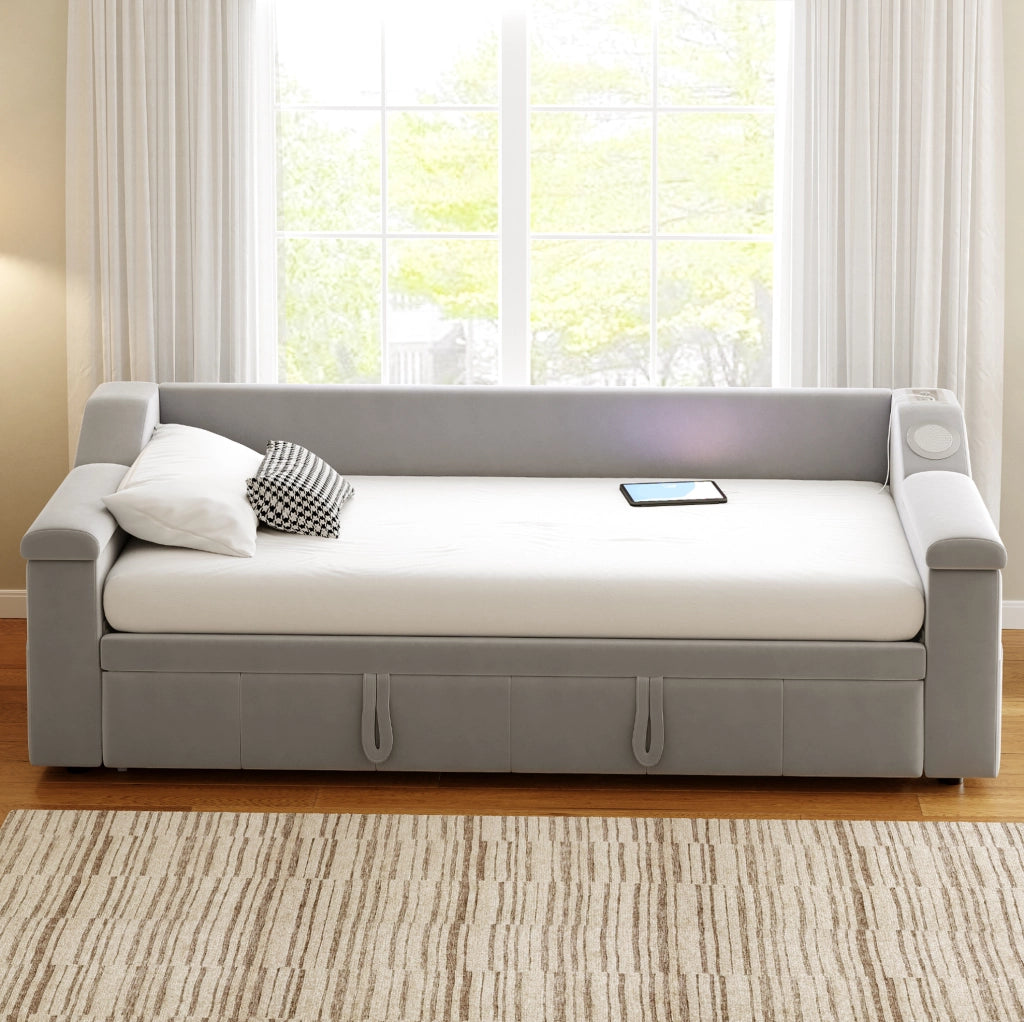 Letto imbottito trasformabile con audio Bluetooth, USB e vani